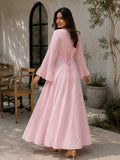Stylish pink striped maxi dress with flowy sleeves and back lace-up detail by YEZWE