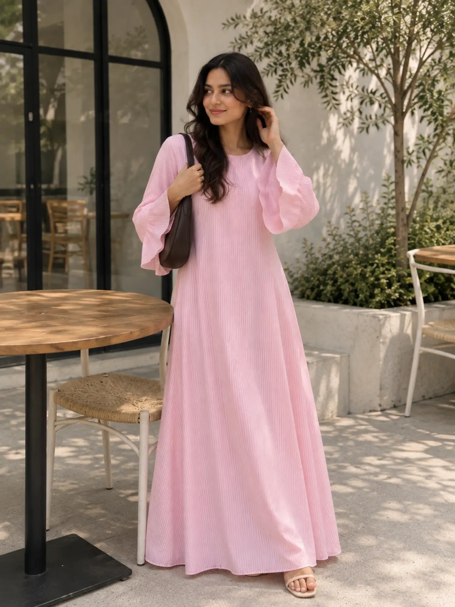YEZWE pink striped maxi dress in soft fabric, perfect for casual summer outings and events
