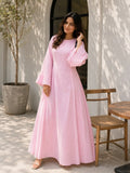 YEZWE pink striped maxi dress with long sleeves, perfect for stylish summer outings