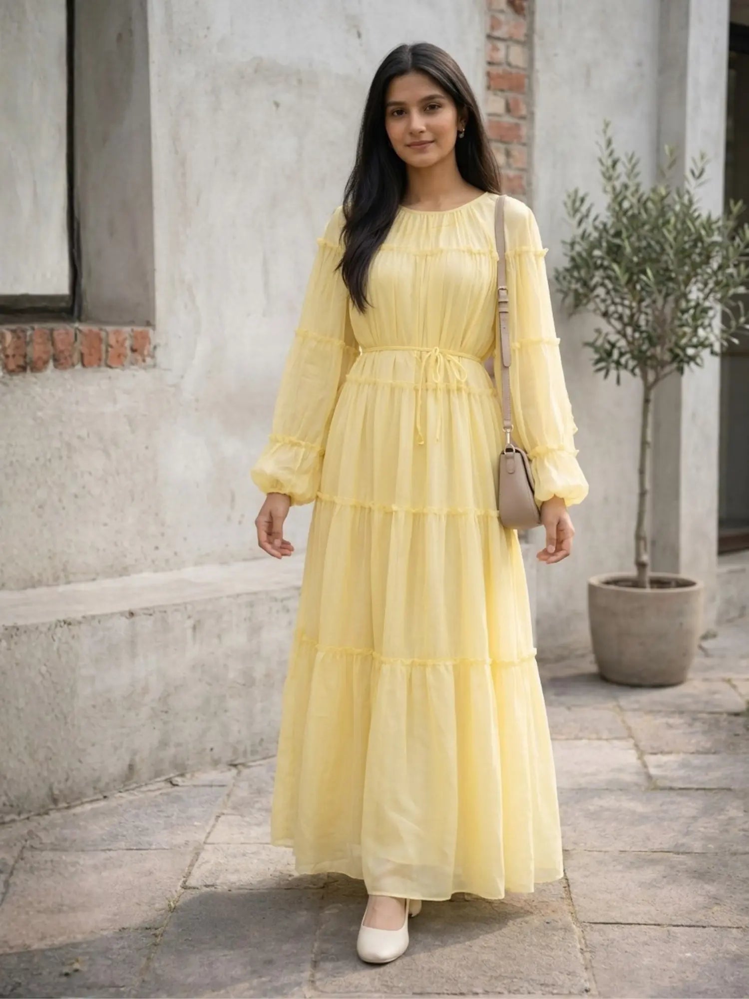 Pinterest-Inspired Flared Maxi Dress in Georgette | Modest Elegant Wear in a soft yellow color