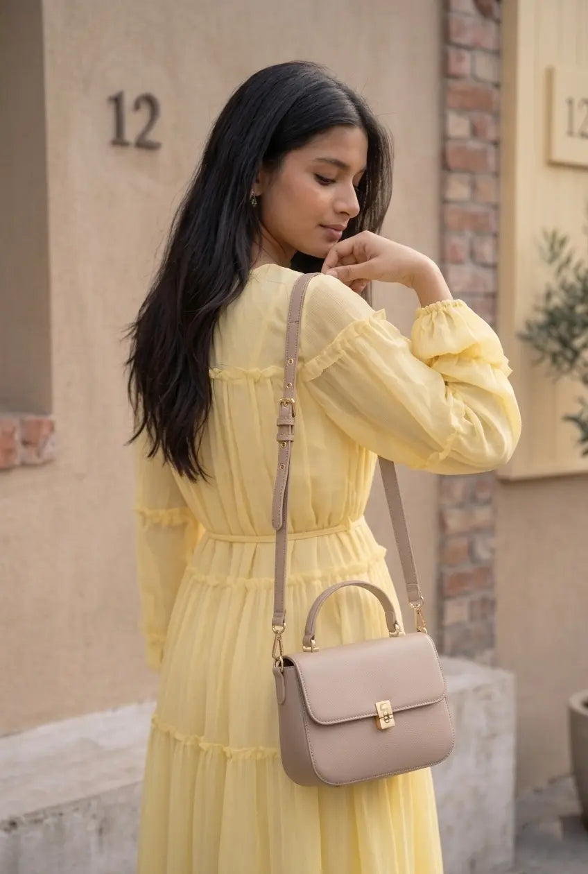 Pinterest-Inspired Flared Maxi Dress in Georgette | Modest Elegant Wear with a stylish handbag, perfect for casual outings