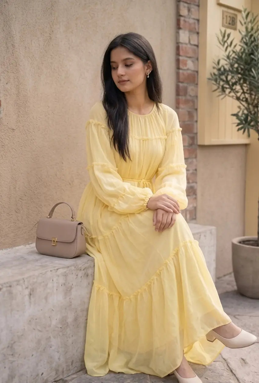 Pinterest-Inspired Flared Maxi Dress in Georgette by YEZWE, featuring a soft yellow color and elegant style.