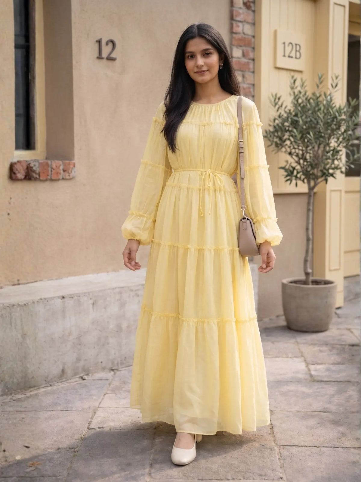 Pinterest-Inspired Flared Maxi Dress in Georgette | Modest Elegant Wear with long sleeves and tiered design