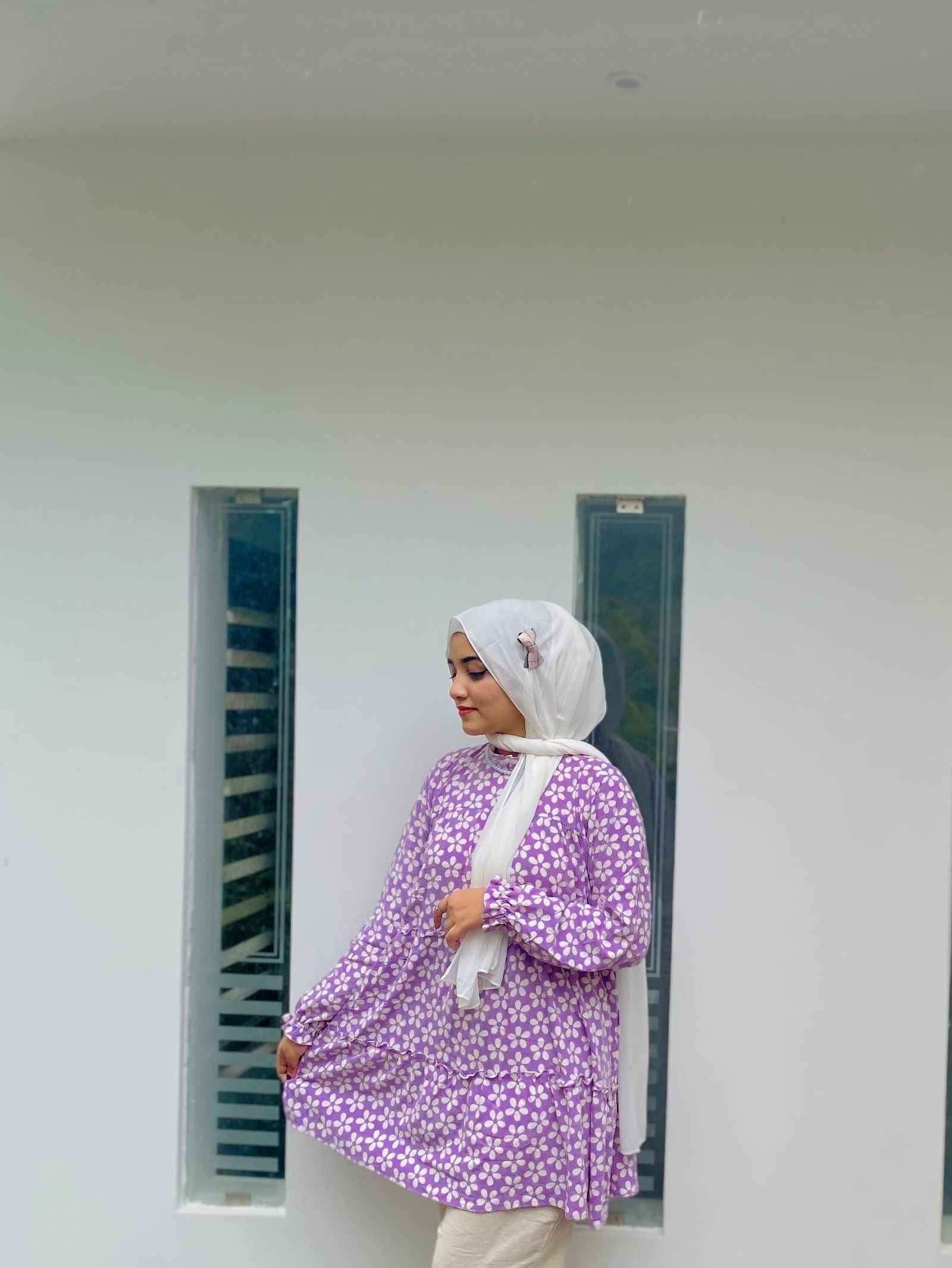 Yezwe purple flower print top set featuring a flowy design and a hijab for a stylish look