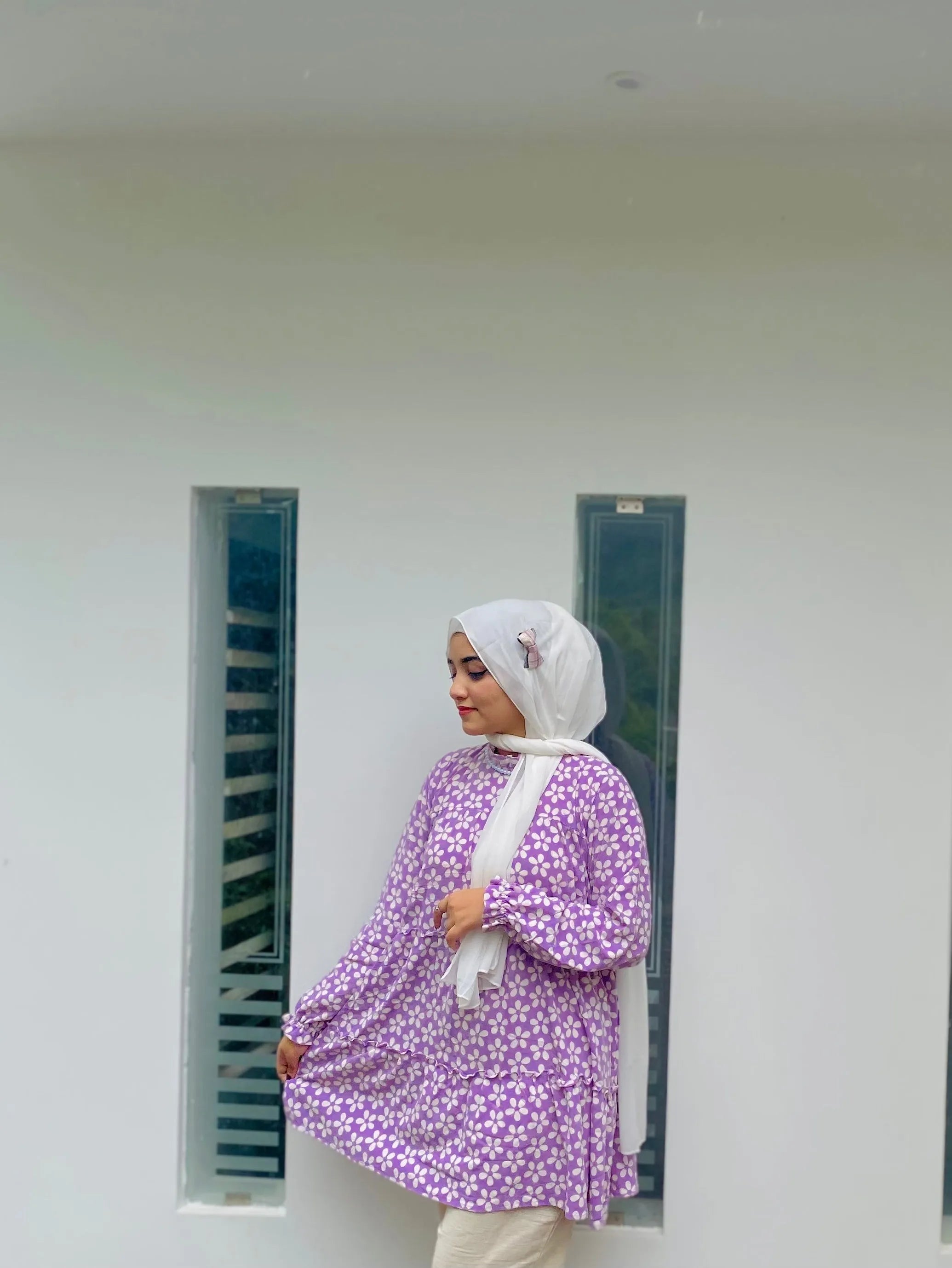 Yezwe Purple Small Flower Print Top and White Pant Co-ord Set - Modest Wear - YEZWE