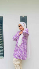 Yezwe purple flower print top set featuring a stylish tunic and comfortable pants
