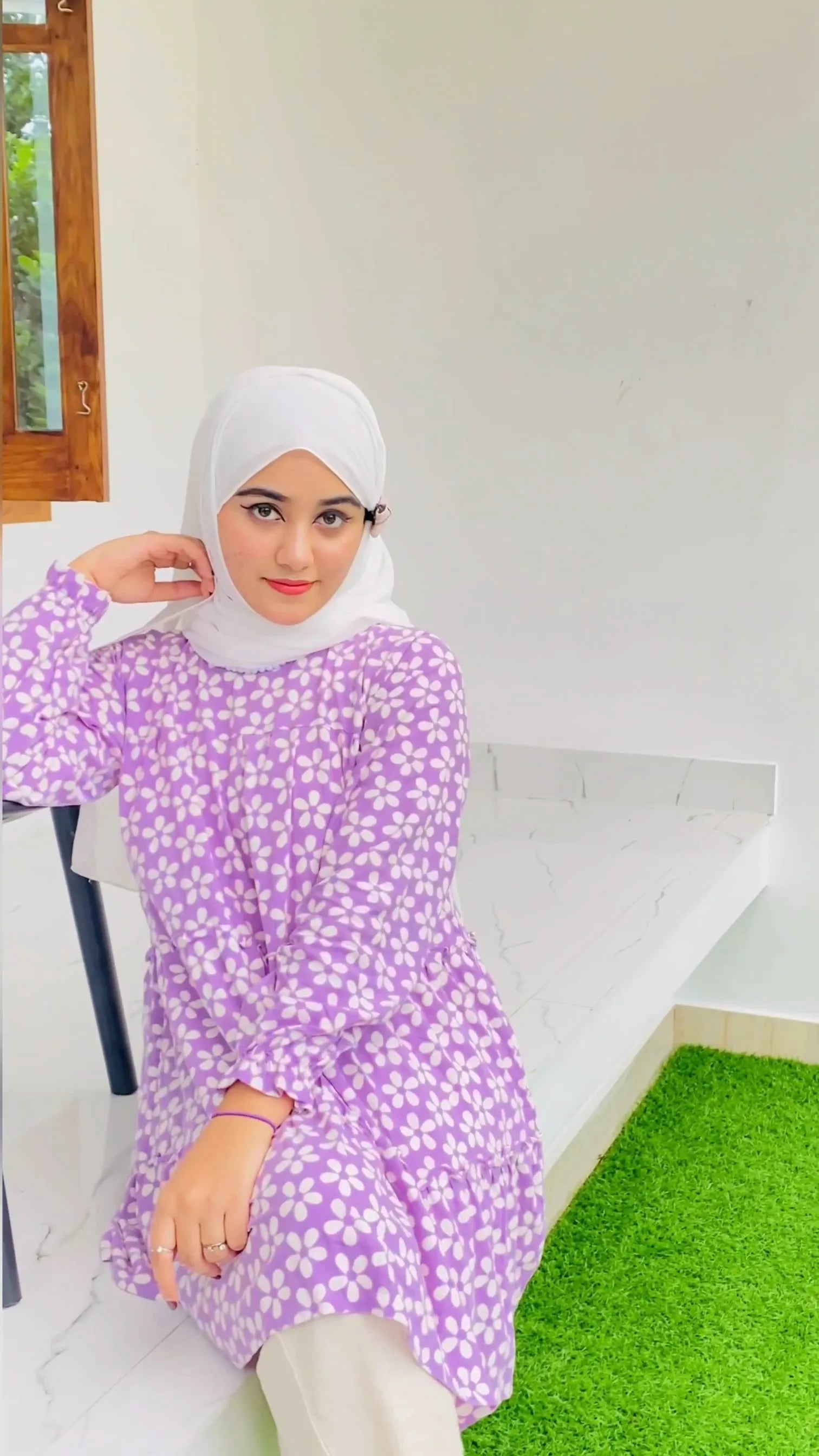 Yezwe Purple Small Flower Print Top and White Pant Co-ord Set - Modest Wear - YEZWE