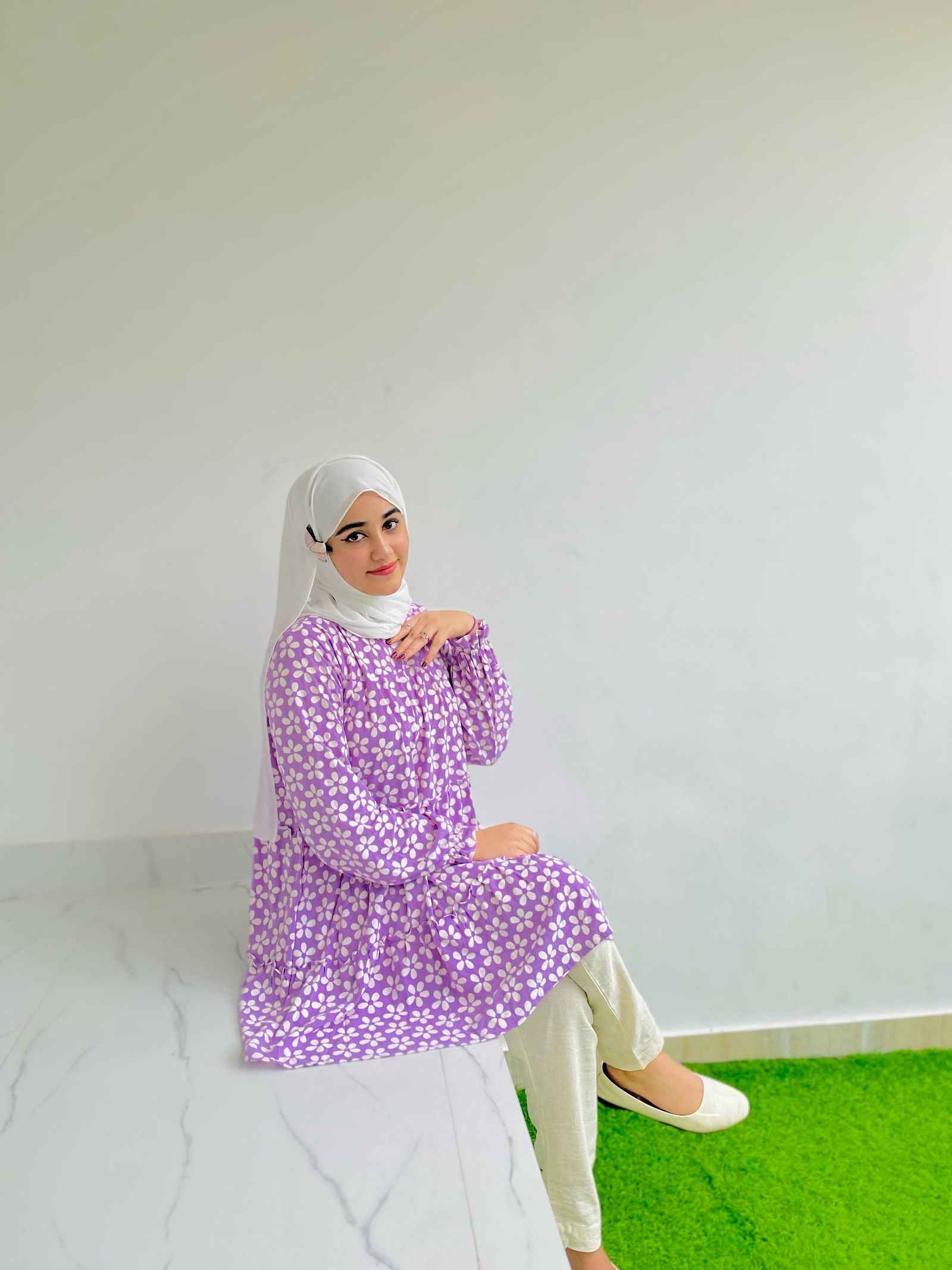 Yezwe purple flower print top set featuring a long tunic and matching pants for a stylish look