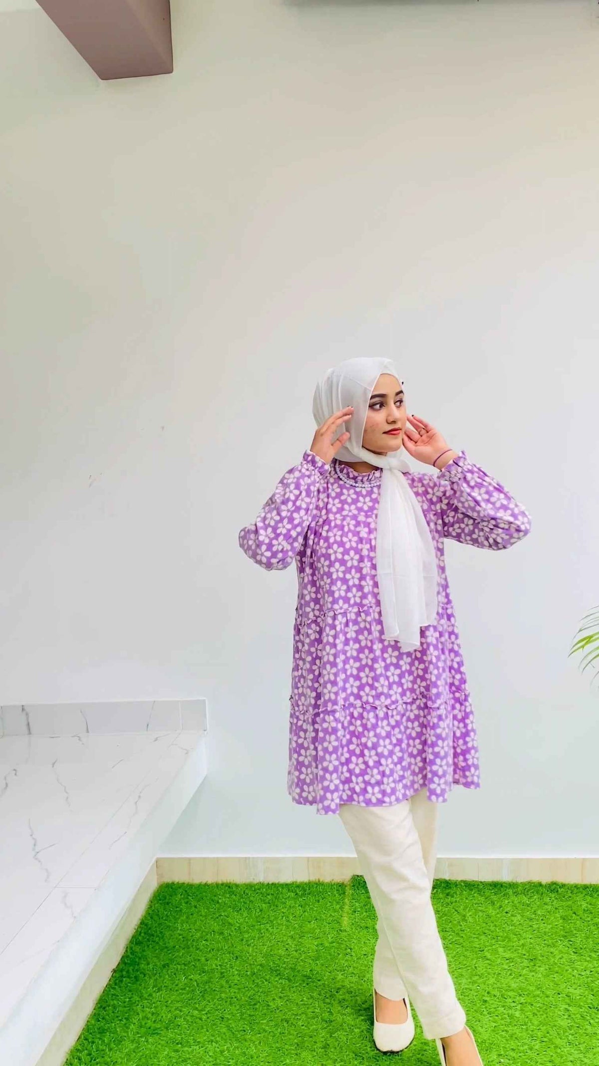Yezwe purple flower print top set featuring a stylish design with a long tunic and white pants