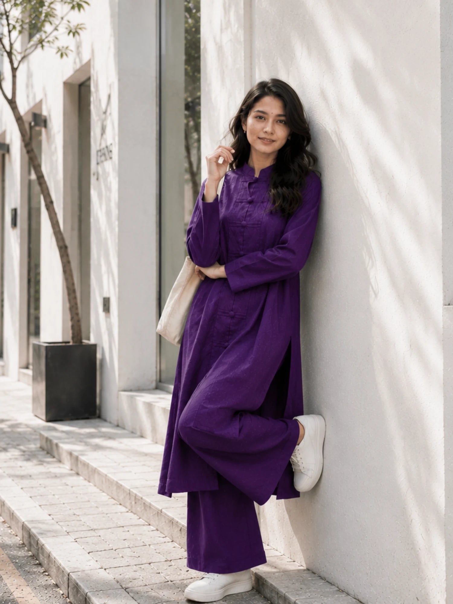 Purple Vertican Linen Co-Ord Set for Women | Korean Inspired Street Wear in a stylish outdoor setting