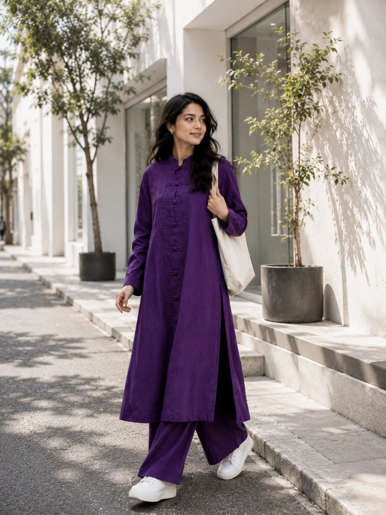 Purple Vertican Linen Co-Ord Set for Women | Korean Inspired Street Wear, featuring a long tunic and wide-leg pants