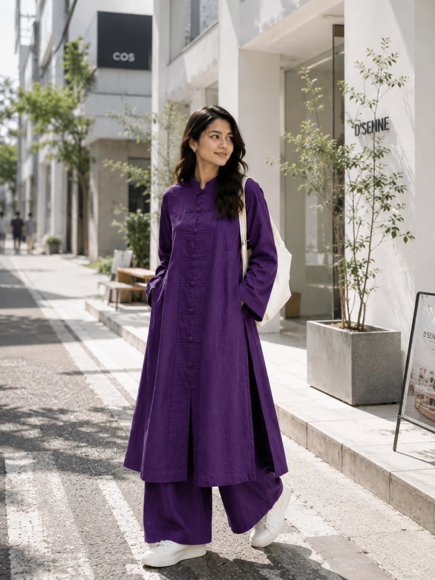 Purple Vertican Linen Co-Ord Set for Women in Korean Inspired Street Wear, featuring a stylish tunic and wide-leg pants