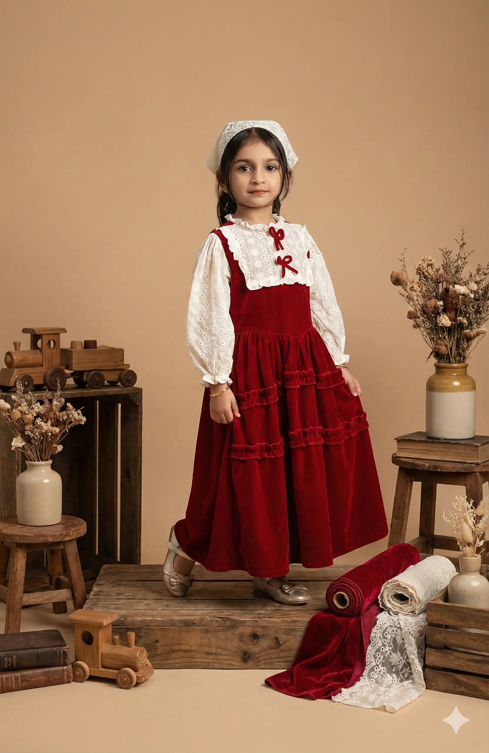 Junior girl wearing a Red Velvet Vintage Maxi Dress - Junior Girls Modest Wear Pinterest Inspired, styled with accessories