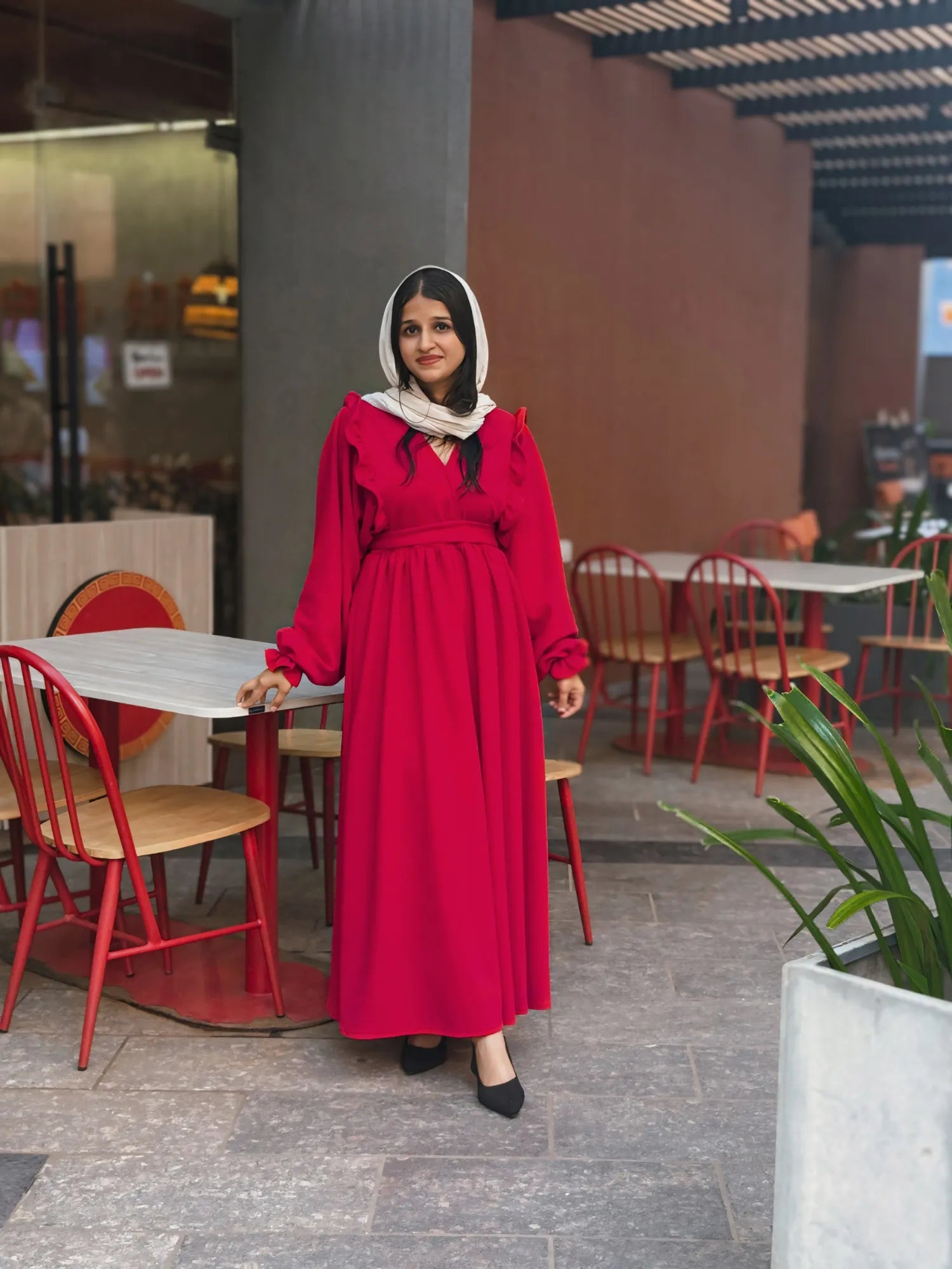 Yezwe Knitted Reddish Maroon Maxi Dress with Ruffle Chest & V-Neck - Modest Wear (Copy)