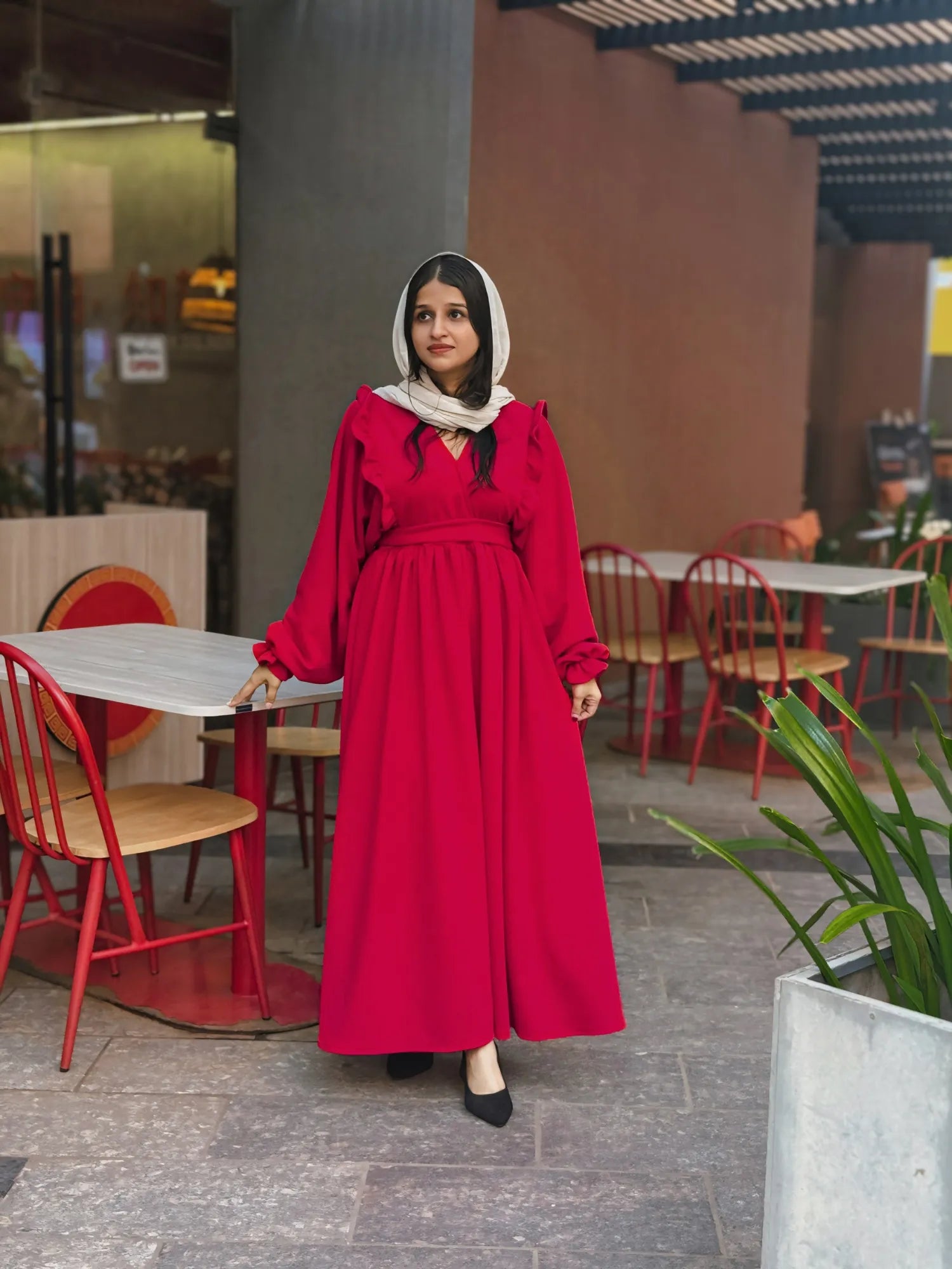 Yezwe Knitted Reddish Maroon Maxi Dress with Ruffle Chest & V-Neck - Modest Wear