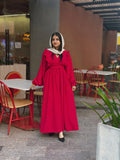 Yezwe Knitted Reddish Maroon Maxi Dress with Ruffle Chest & V-Neck - Modest Wear