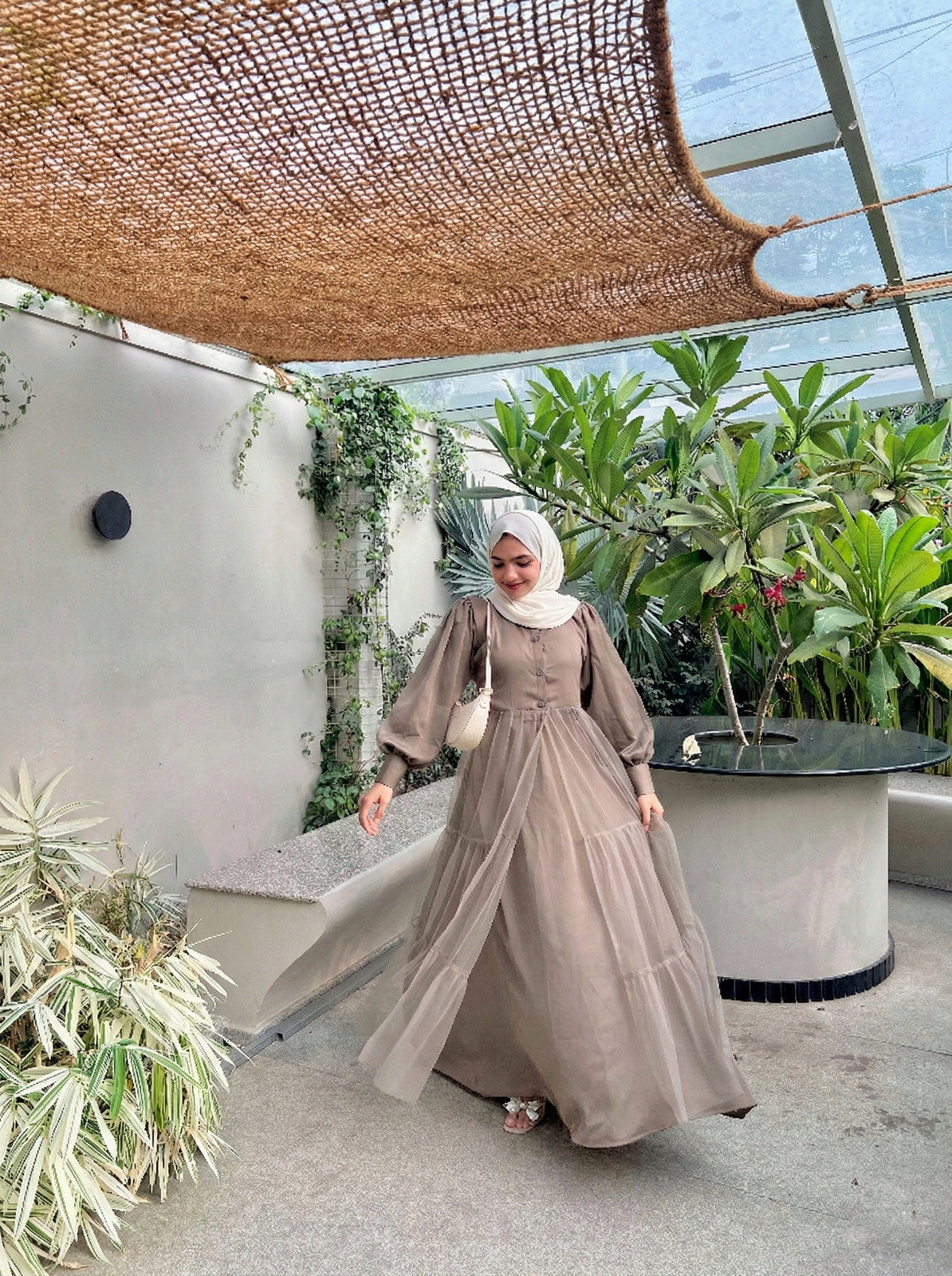 Yezwe brown skirt and top set with sheer net overlay modest party wear co-ord front view