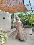 Yezwe Skirt And Top Set With Front Buttons And Sheer Net Overlay - Modest Party Wear