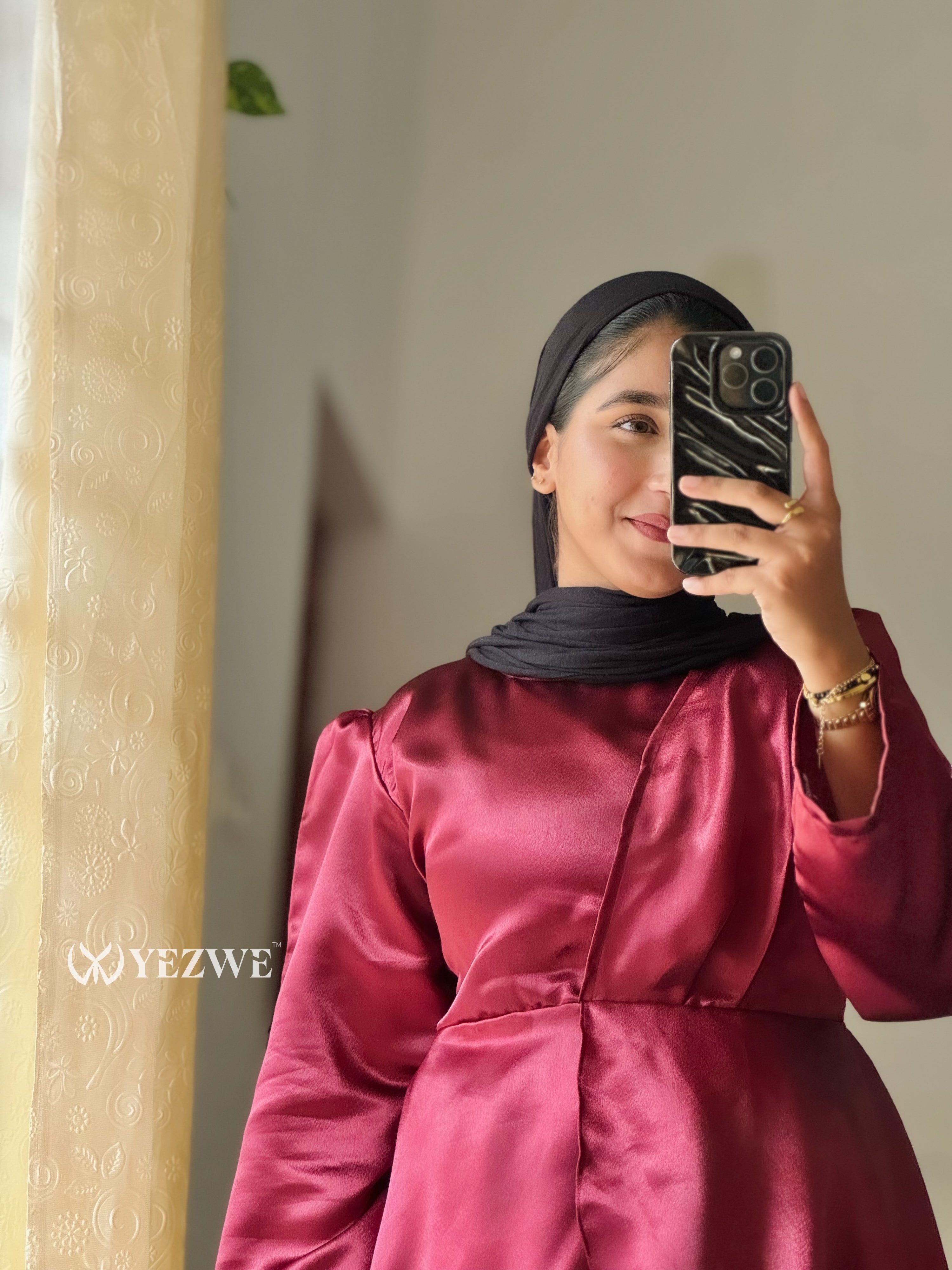 Yezwe Burgundy Plain Full Sleeve Satin Top and Skirt Co-Ord Set - Modest wear CO-ORD SET