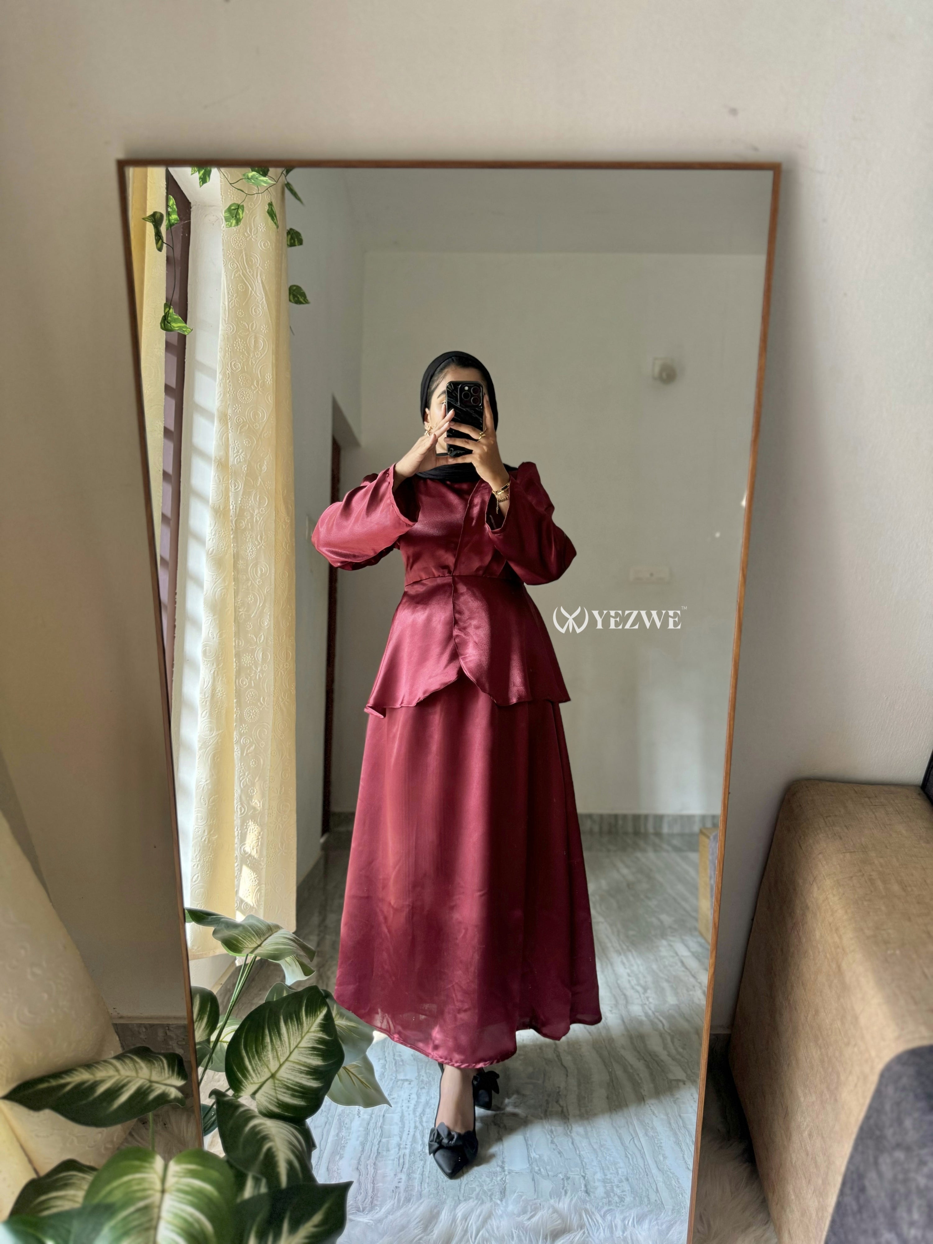 Yezwe Burgundy Plain Full Sleeve Satin Top and Skirt Co-Ord Set - Modest wear CO-ORD SET