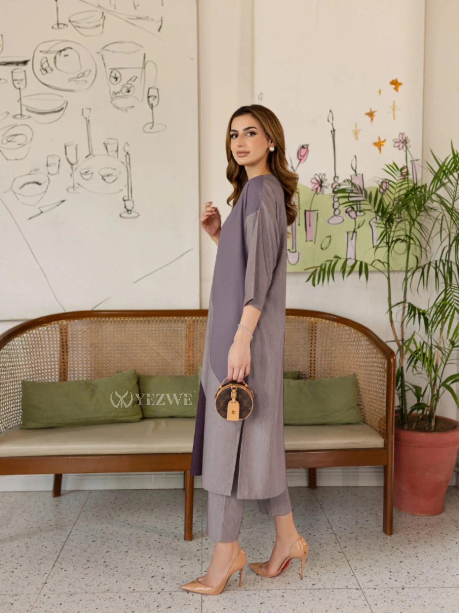 YEZWE stylish purple Co-Ord Set featuring a long tunic and matching pants worn with nude heels