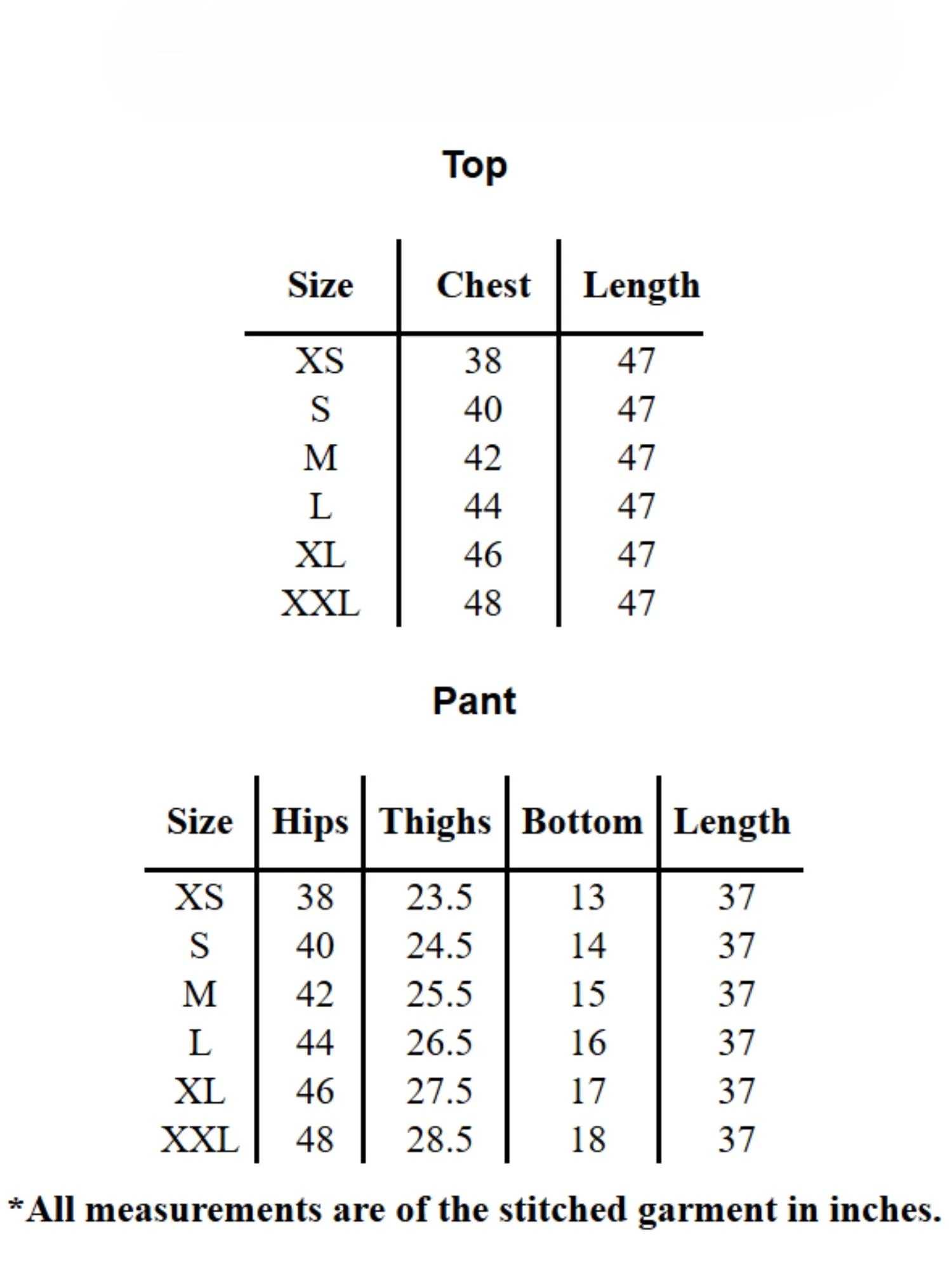 Size chart for YEZWE Co-Ord Set including chest and length for tops and hips, thighs, bottom, and length for pants