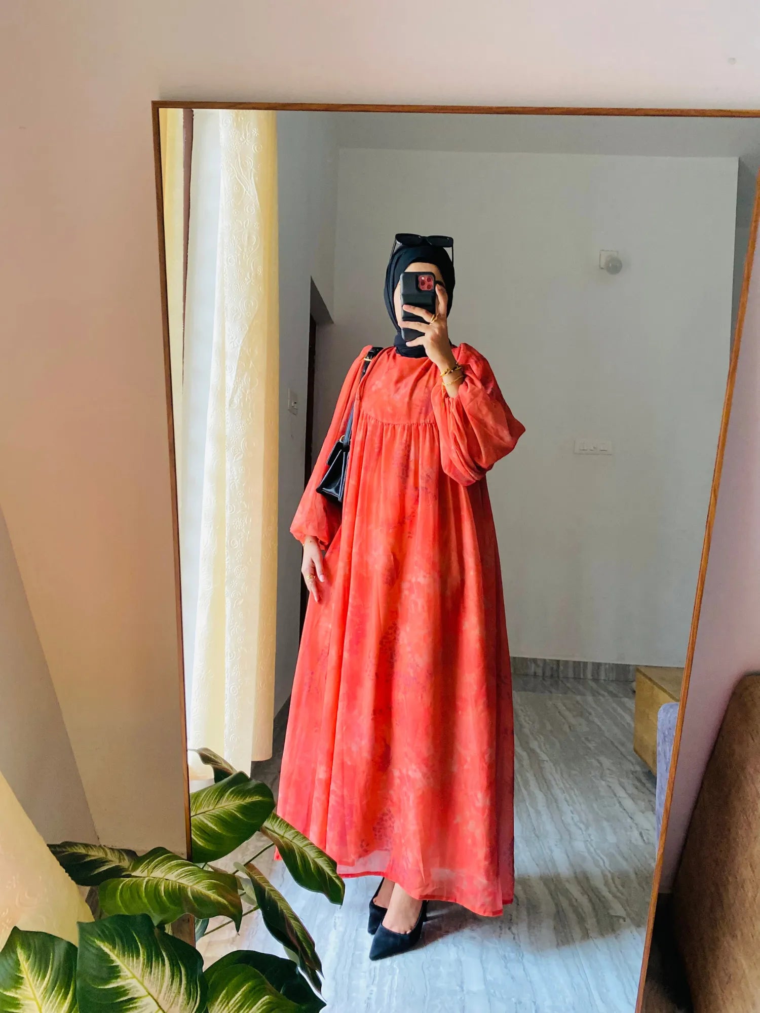 Yezwe Small Floral Modest Dress in vibrant red with long sleeves for a stylish and comfortable look