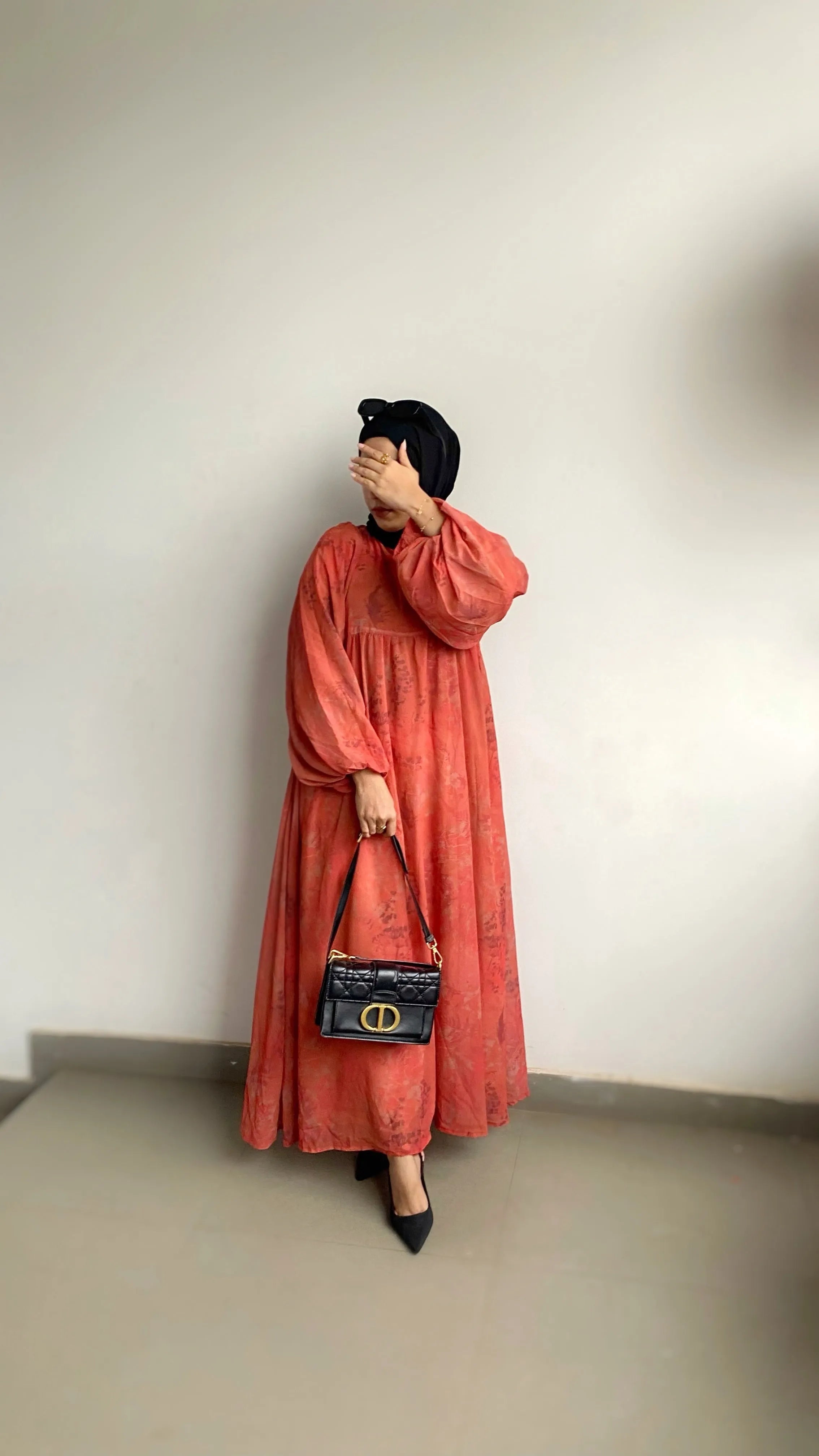 Yezwe Small Floral Modest Dress in Coral with Puff Sleeves and Elegant Flowing Design