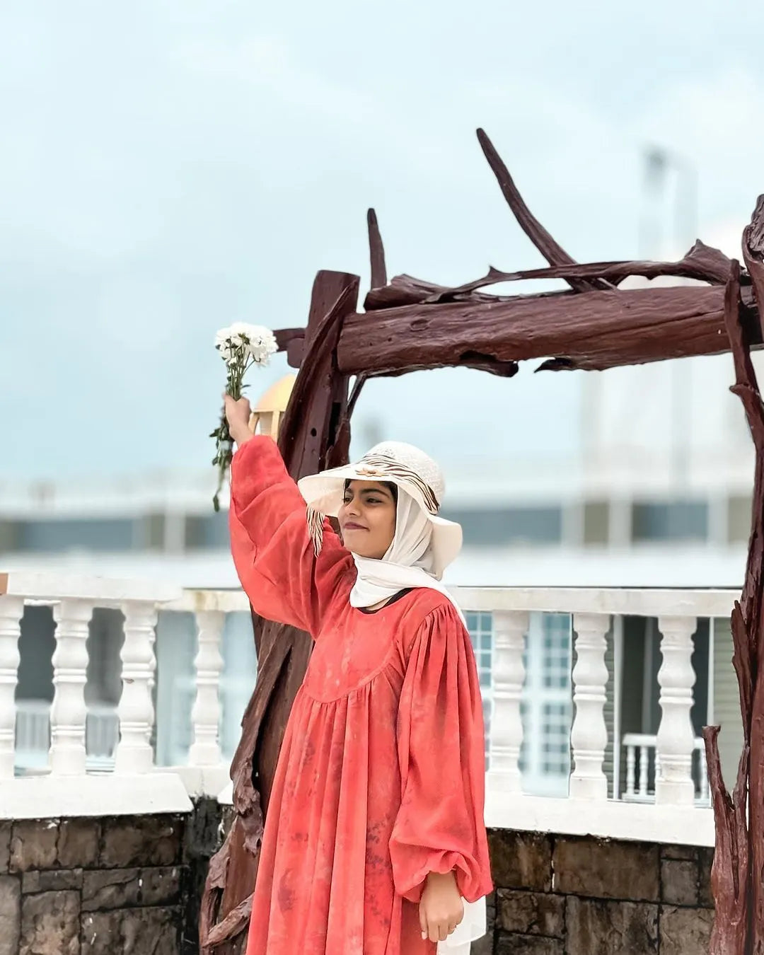 Yezwe Small Floral Modest Dress in Soft Coral with Long Sleeves and Elegant Design