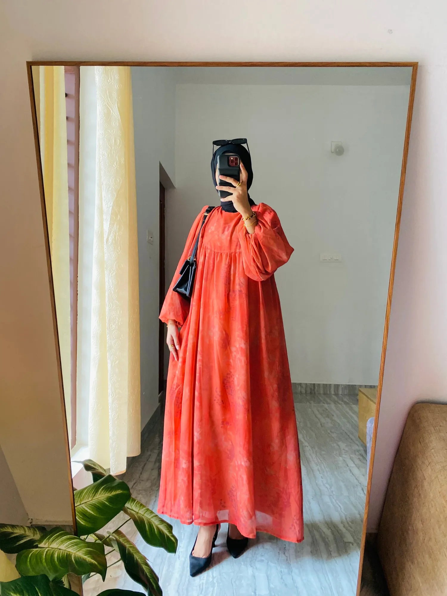 Yezwe Brick Red Small Floral Georgette Asymmetric Cut Modest Maxi Dress With Lycra Lining XS Yezwe Brick Red Small Floral Georgette Asymmetric Cut Modest Maxi Dress With Lycra Lining XS