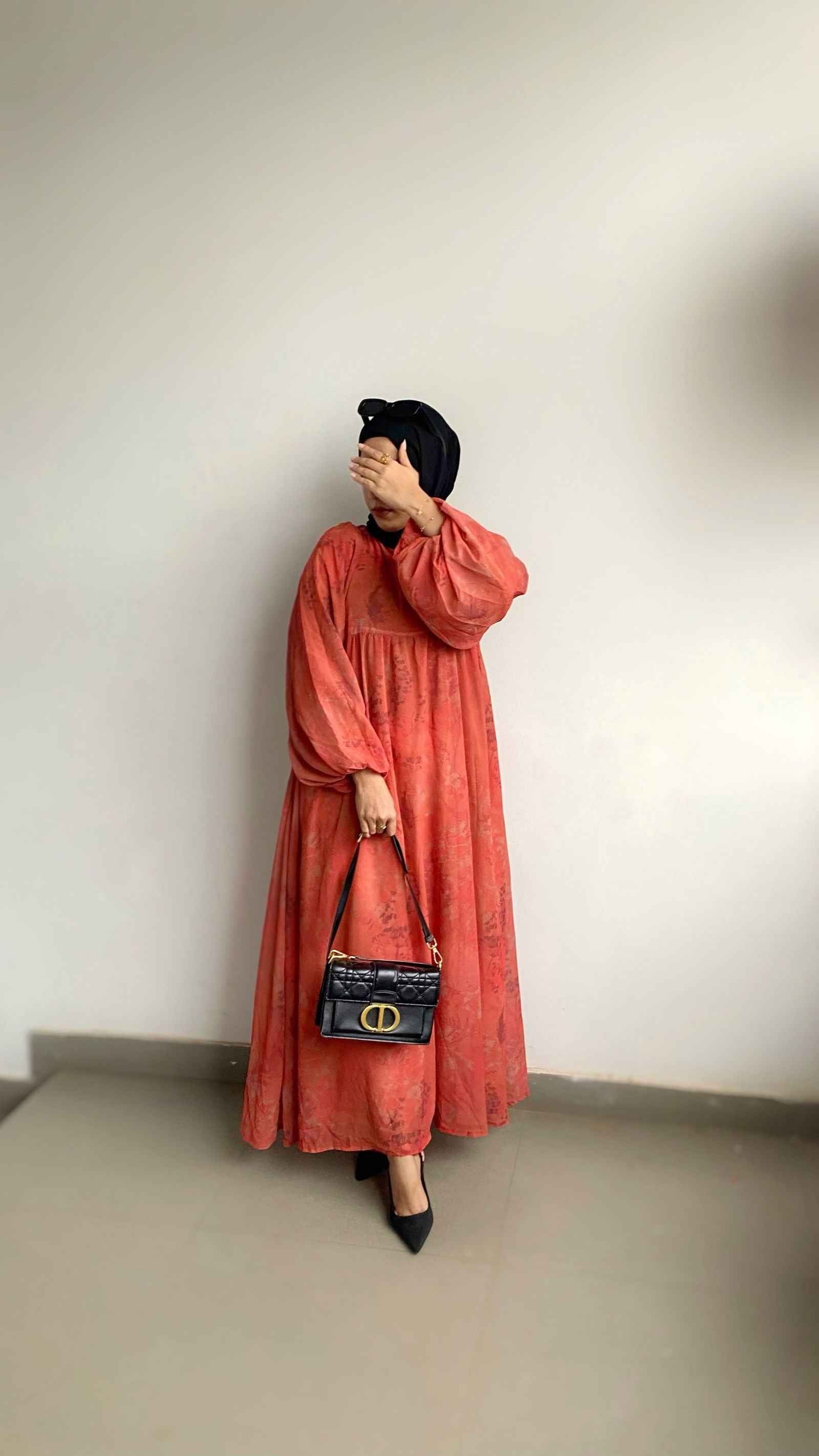 Yezwe Small Floral Modest Dress in Coral with Puff Sleeves and Elegant Design