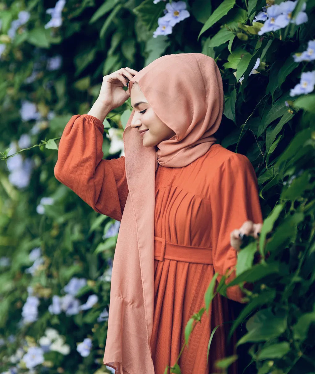 Yezwe Brick Red Textured Rib Maxi Dress with Belt - Prebooking Modest Wear - YEZWE