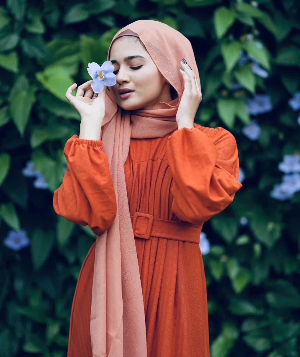 Yezwe Brick Red Textured Rib Maxi Dress with Belt - Prebooking Modest Wear - YEZWE