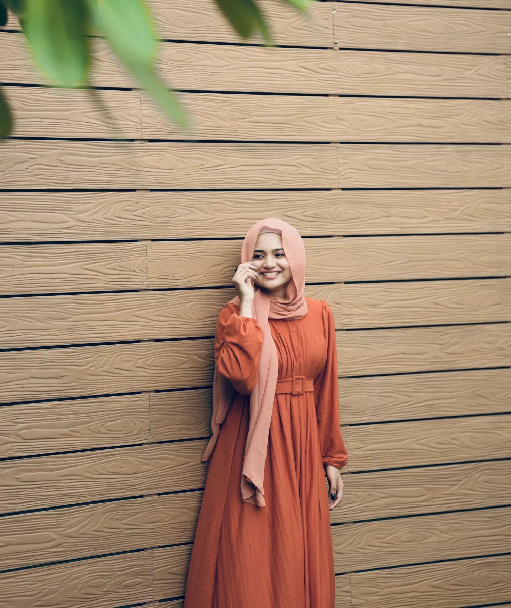 Yezwe Brick Red Textured Rib Maxi Dress with Belt - Prebooking Modest Wear - YEZWE