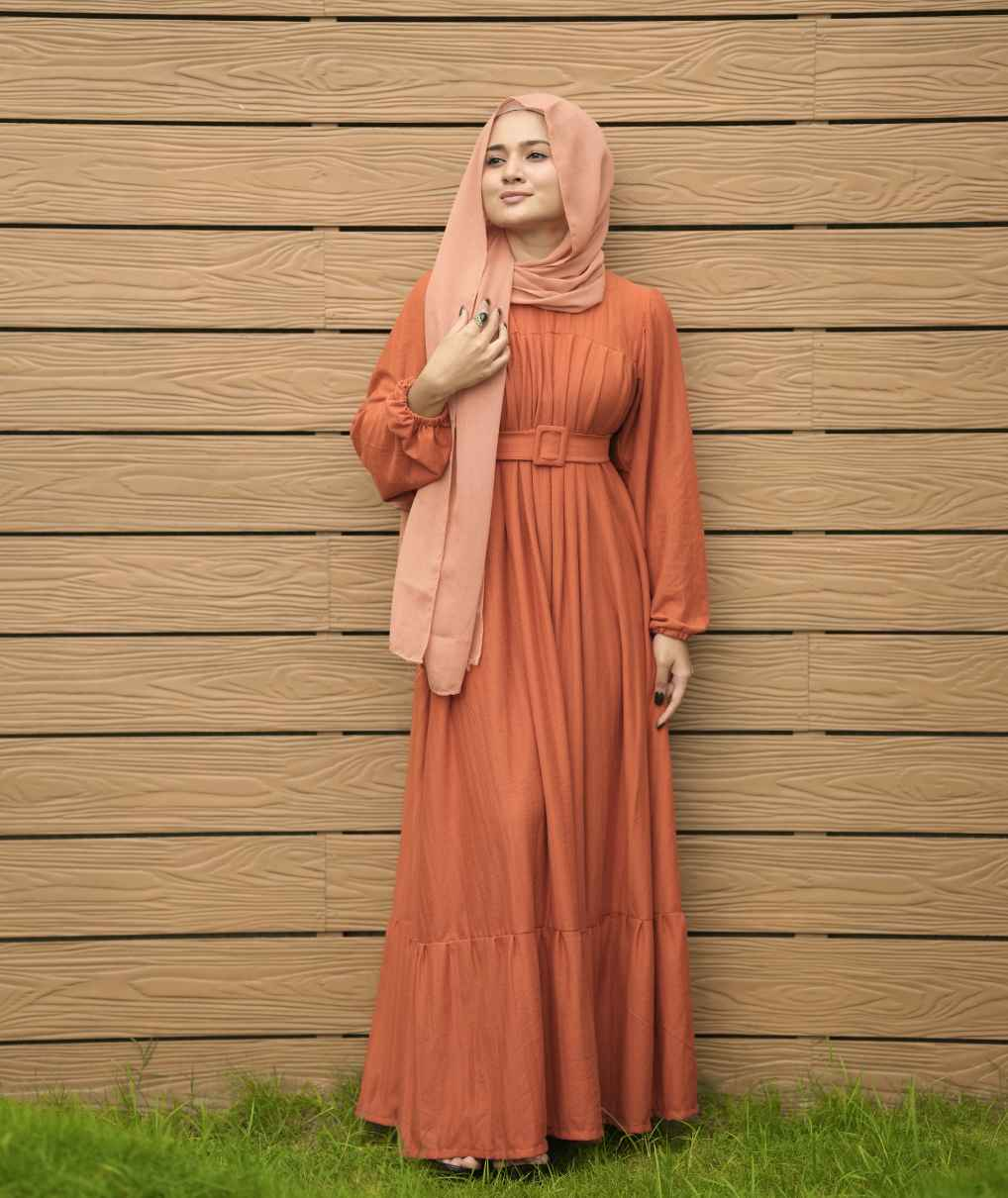 Yezwe textured rib maxi dress with belt in rust color, perfect for stylish and comfortable wear
