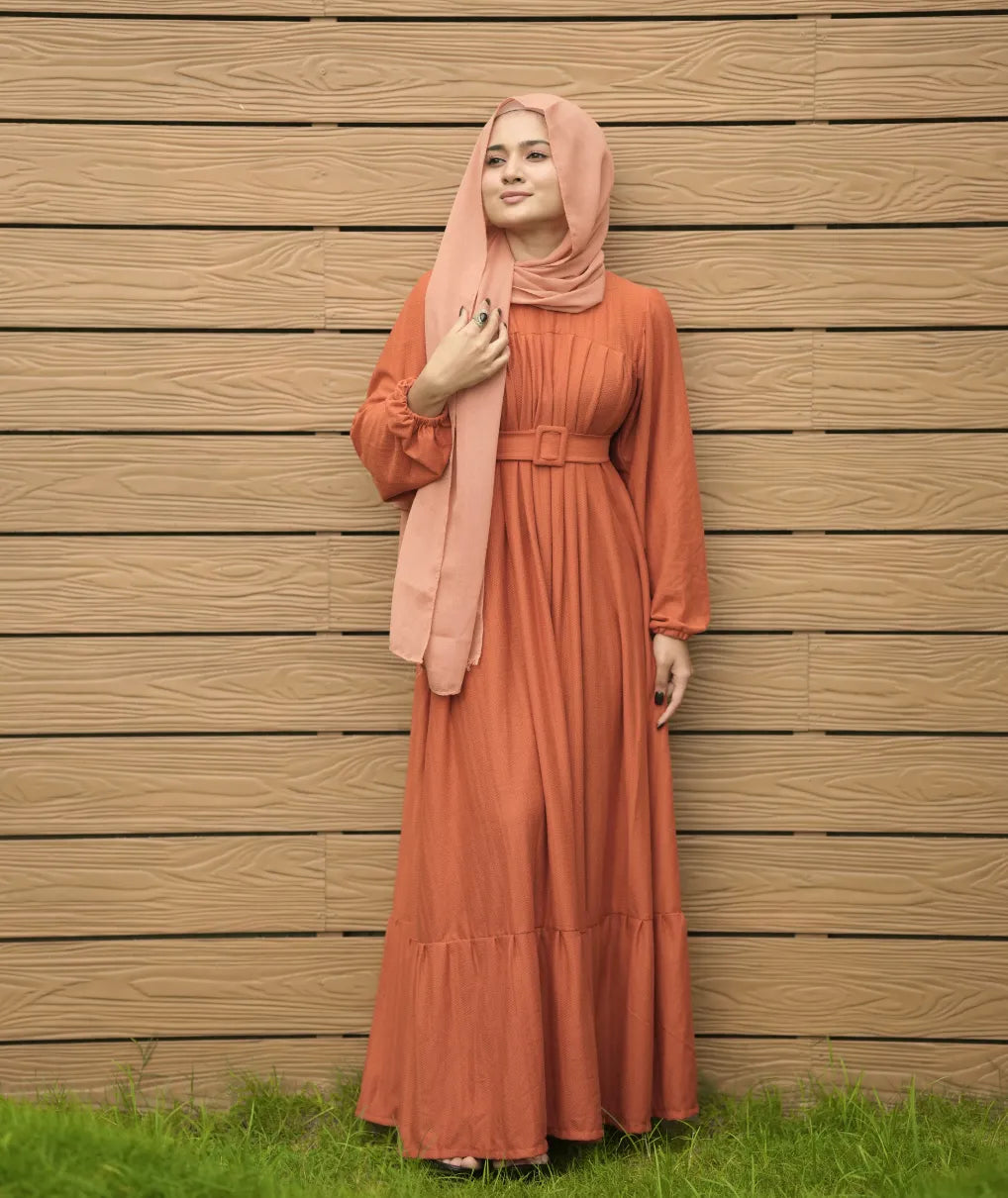 Yezwe Brick Red Textured Rib Maxi Dress with Belt - Prebooking Modest Wear - YEZWE