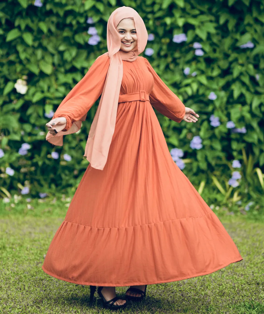 Yezwe Brick Red Textured Rib Maxi Dress with Belt - Prebooking Modest Wear - YEZWE