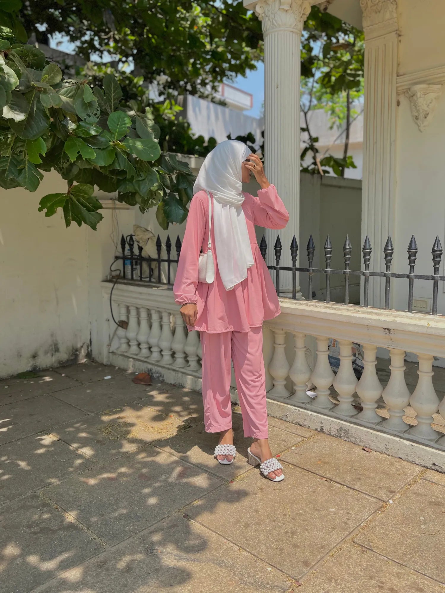 Yezwe textured rib modest wear set in soft pink, featuring a flowy top and matching pants