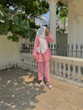 Yezwe textured rib modest wear set in soft pink, featuring a flowy top and matching pants