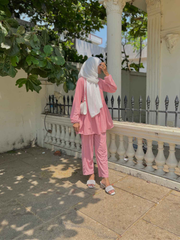 Yezwe textured rib modest wear set in soft pink, featuring a flowy top and matching pants