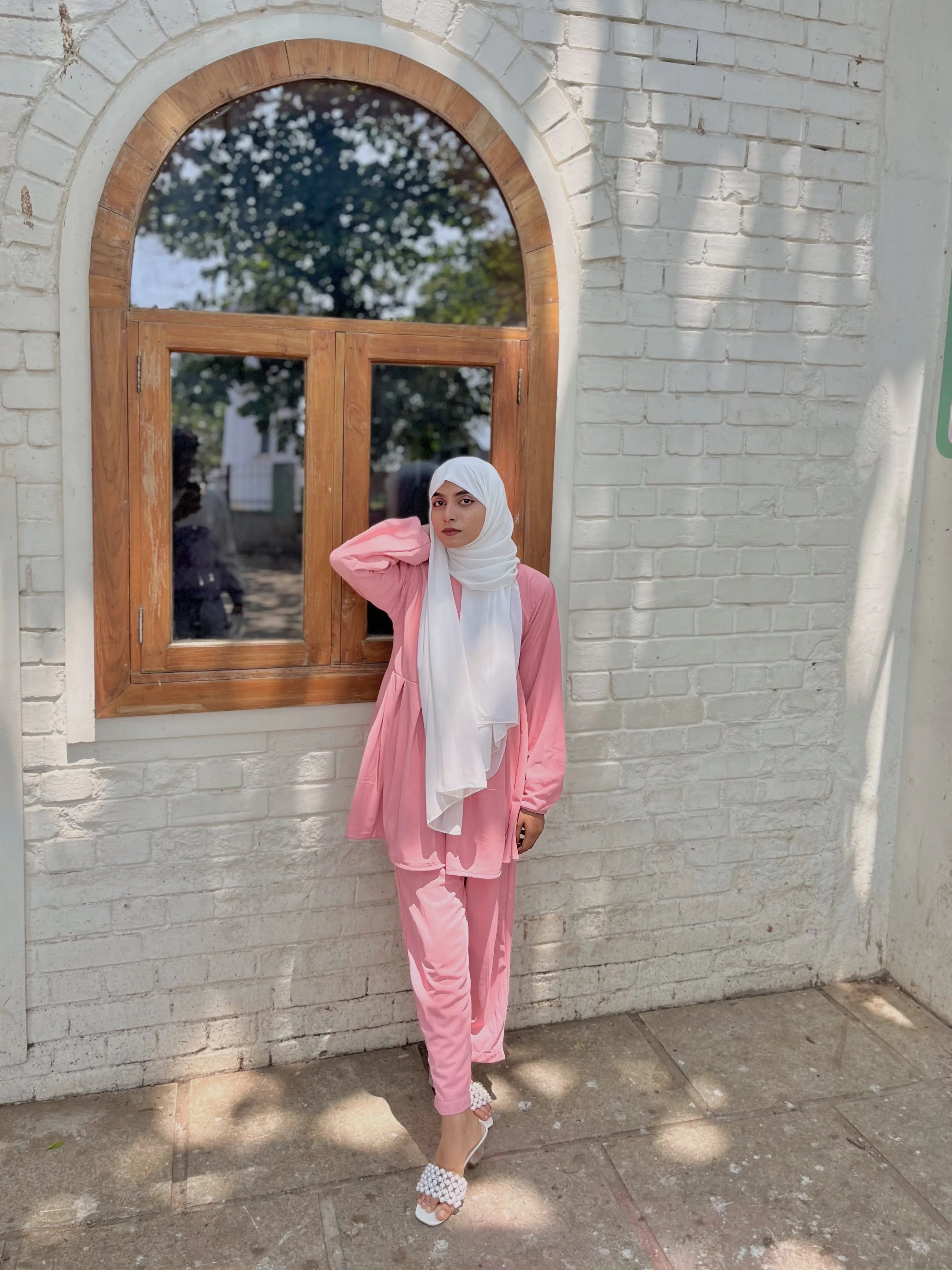 Yezwe textured rib modest wear set in pink, featuring a long top and matching pants