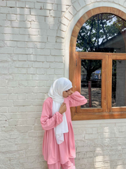 Yezwe textured rib modest wear set in pink, featuring a long top and matching pants for elegant comfort