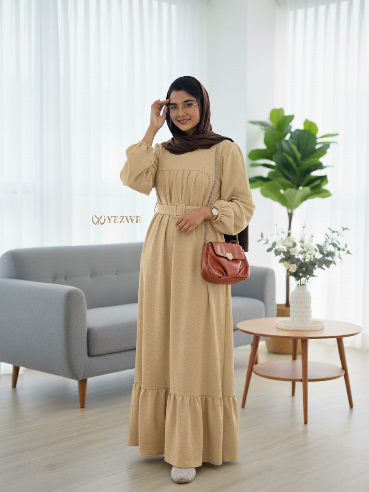 Beige Yezwe Maxi Dress with a Belt and Ruffled Hem, Perfect for Casual Occasions
