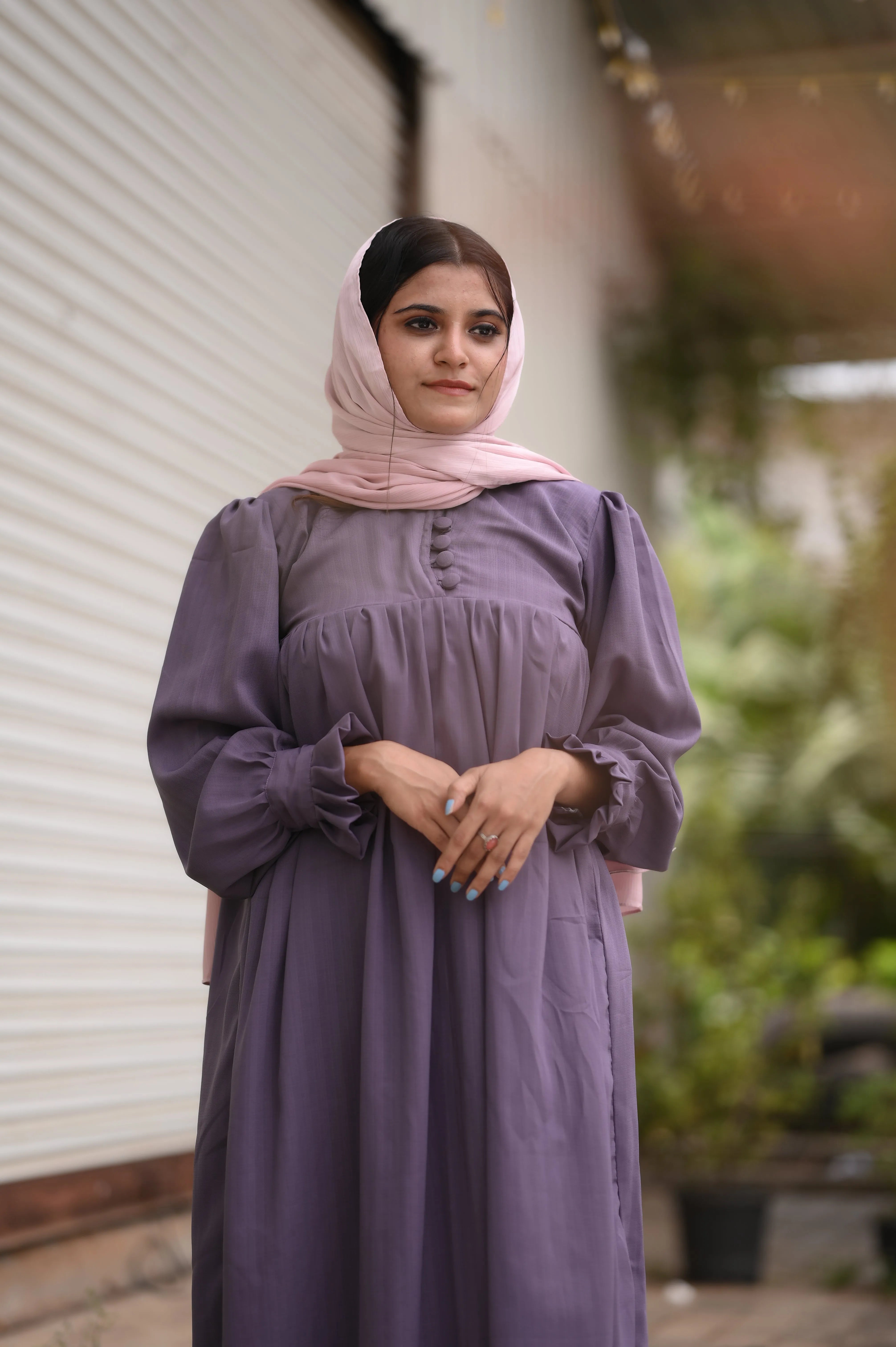 Yezwe Grape Purple Plain Maxi Dress with Front Open - Modest Wear - YEZWE