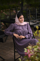 Modest grape purple maxi dress by Yezwe with button details and long sleeves