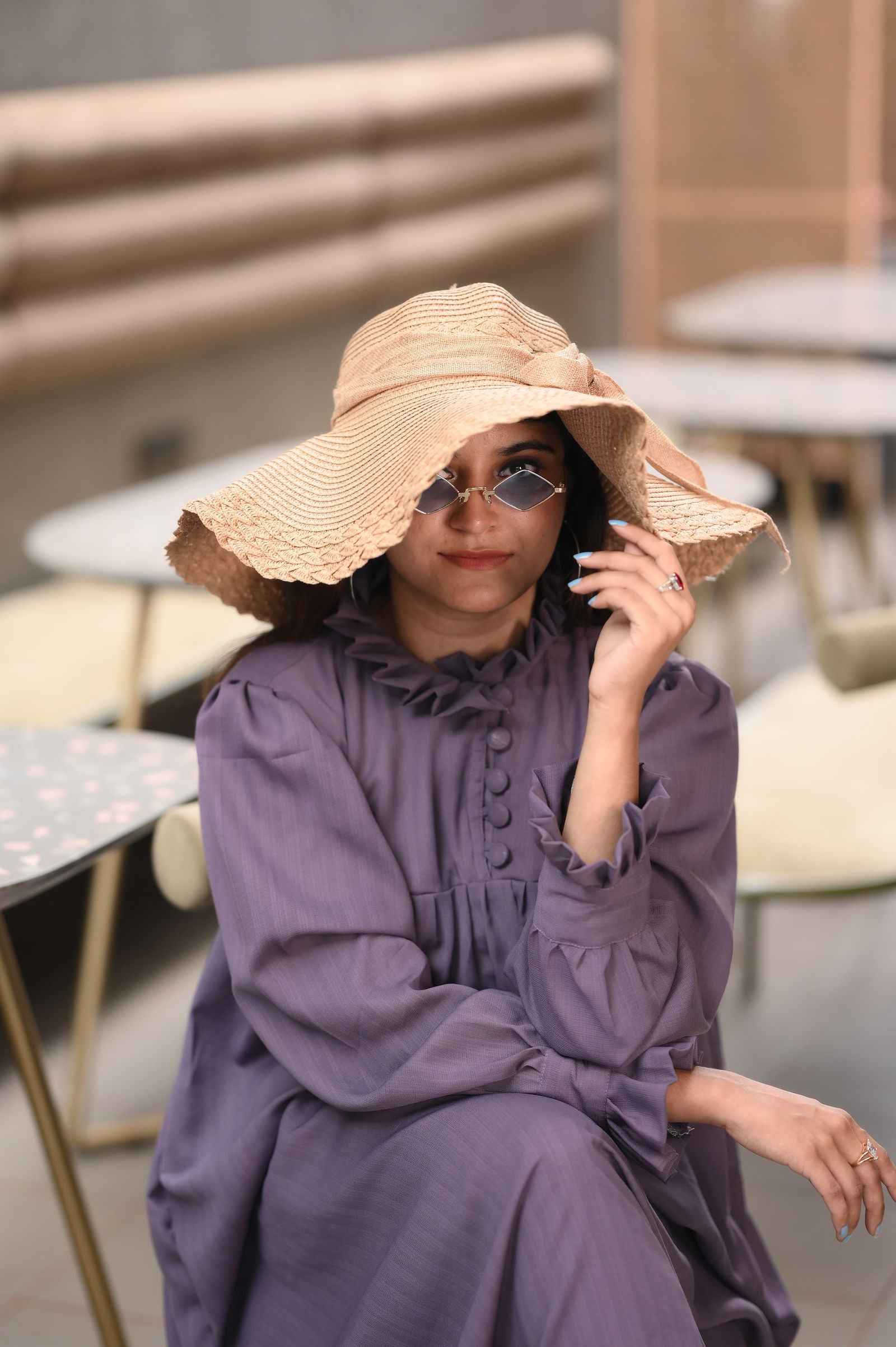 Yezwe modest grape purple maxi dress with ruffled collar and long sleeves for elegant style