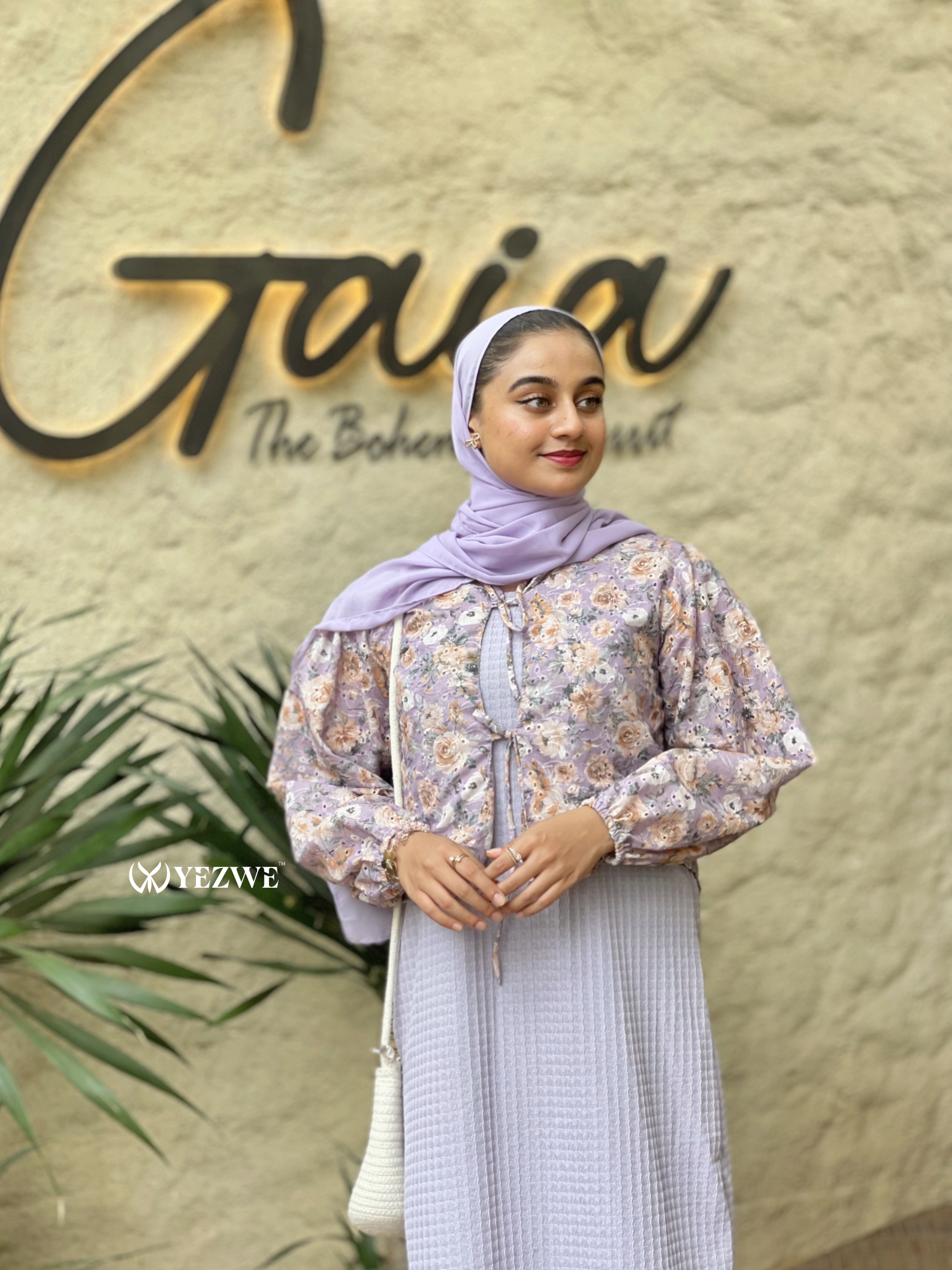 Modest lavender maxi dress by YEZWE featuring a floral blouse and tied waist detail