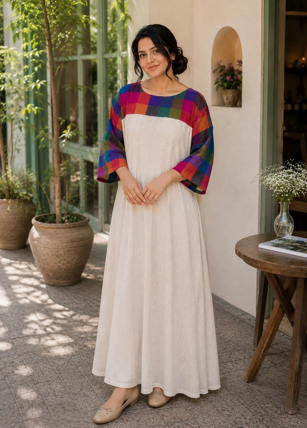 YEZWE Vintage Full Length Hakoba Dress Festive with Colorful Sleeve Design for Special Occasions