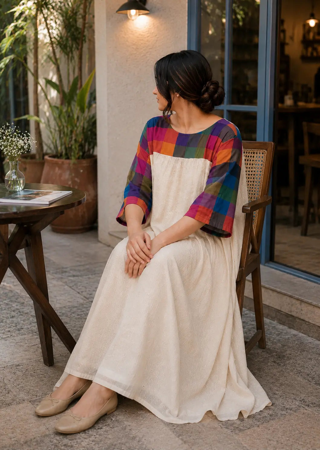 YEZWE Vintage Full Length Hakoba Dress Festive in cream with colorful sleeves, perfect for celebrations