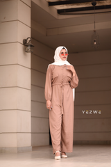 Yezwe Chikoo Brown Crush Material Jumpsuit with Belt and Front Open - Modest Wear